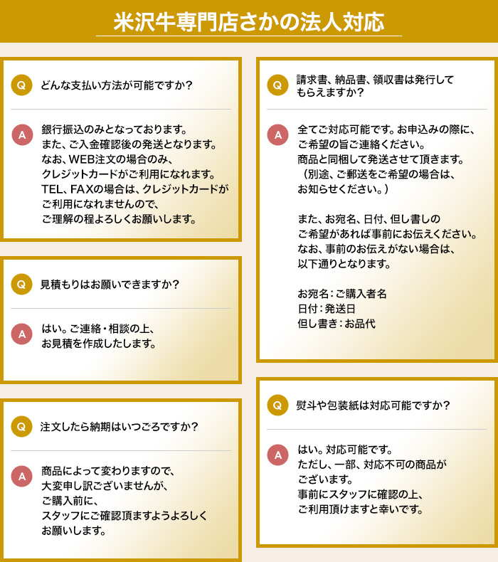 米沢牛専門店さかの法人対応の質問内容です。